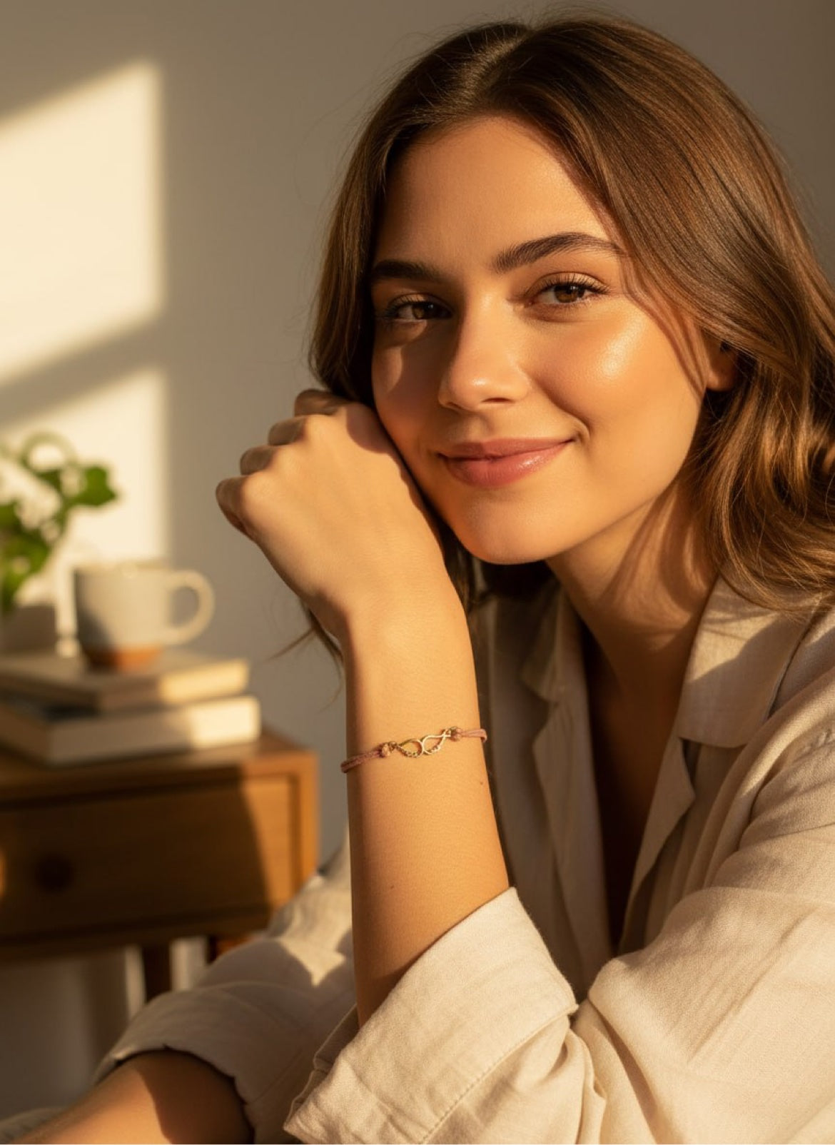 Woman in white shirt wearing an infinity bracelet