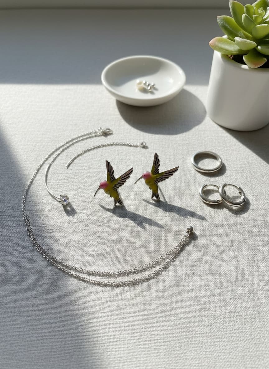 Silver-plated hummingbird earrings styled in a flatlay with silver jewelry