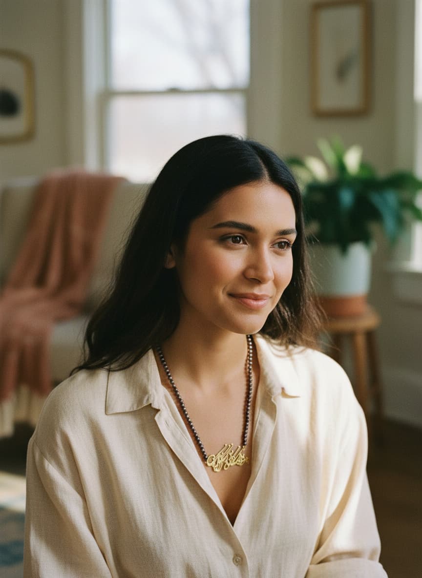 Model wearing the gold-plated calligraphy center necklace with black Czech glass beads