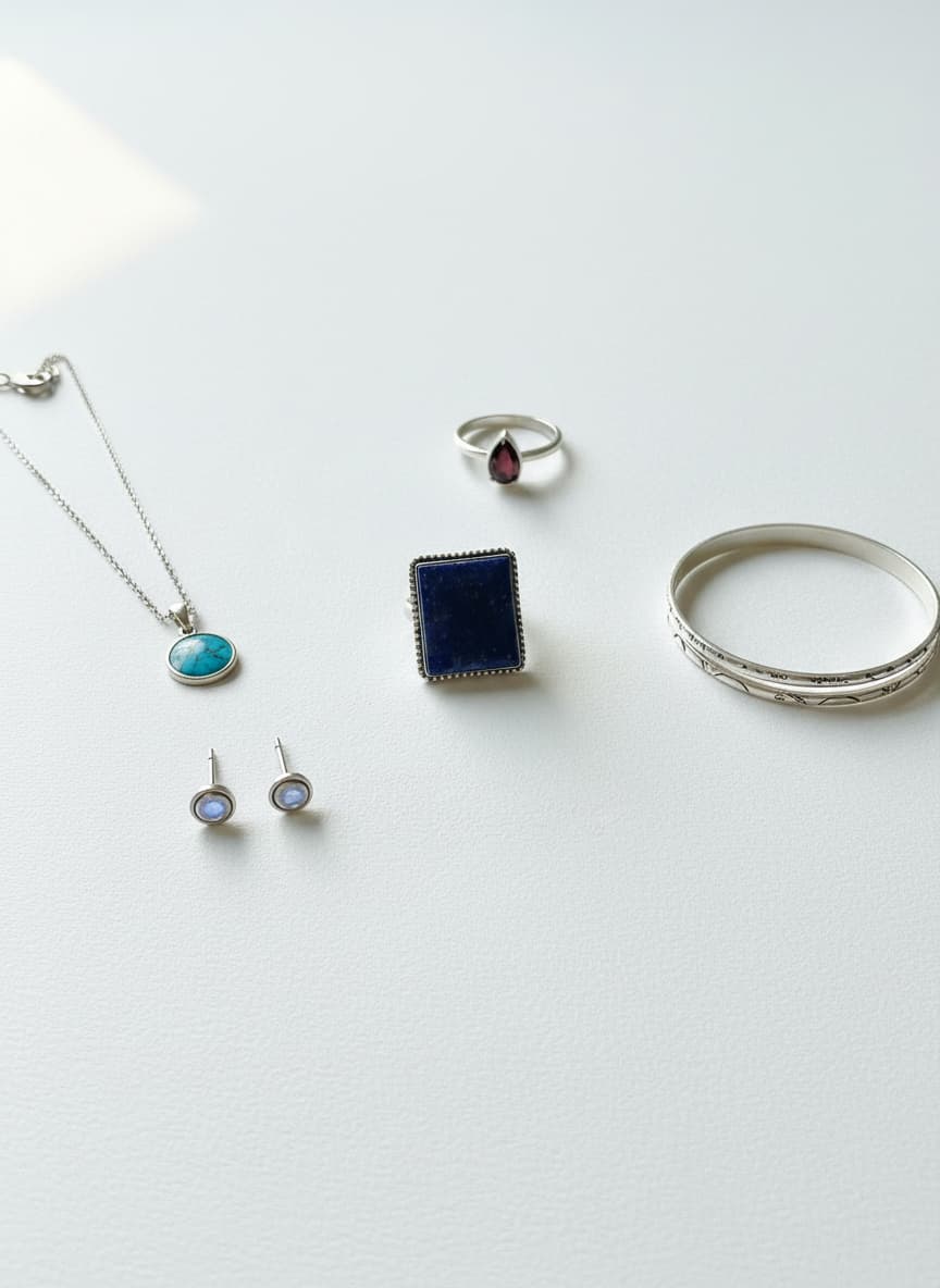 Silver-plated lapis lazuli ring styled in a flatlay with silver jewelry