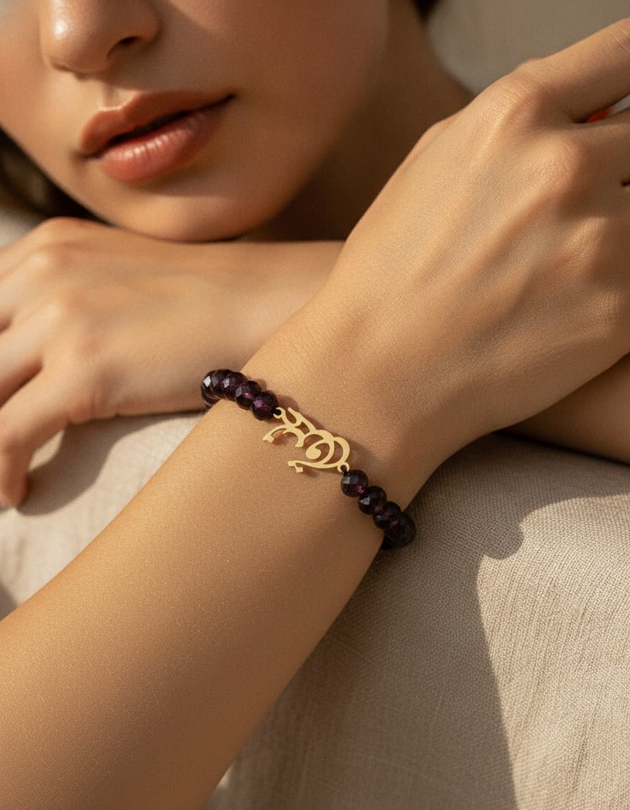 Model wearing the purple stone eshgh bracelet