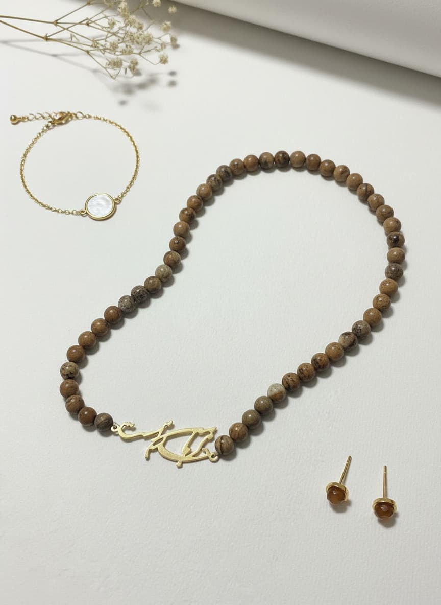 Wood Bead Calligraphy Necklace