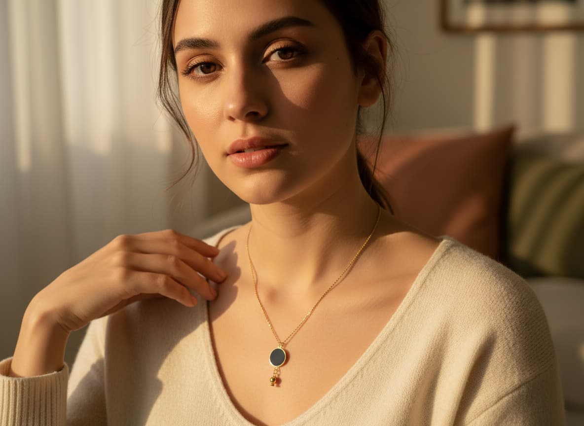 Model wearing the pomegranate necklace