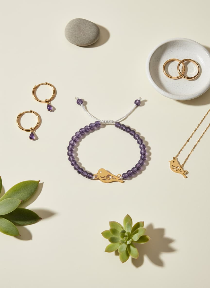 Bird bracelet styled in a flatlay with gold jewelry