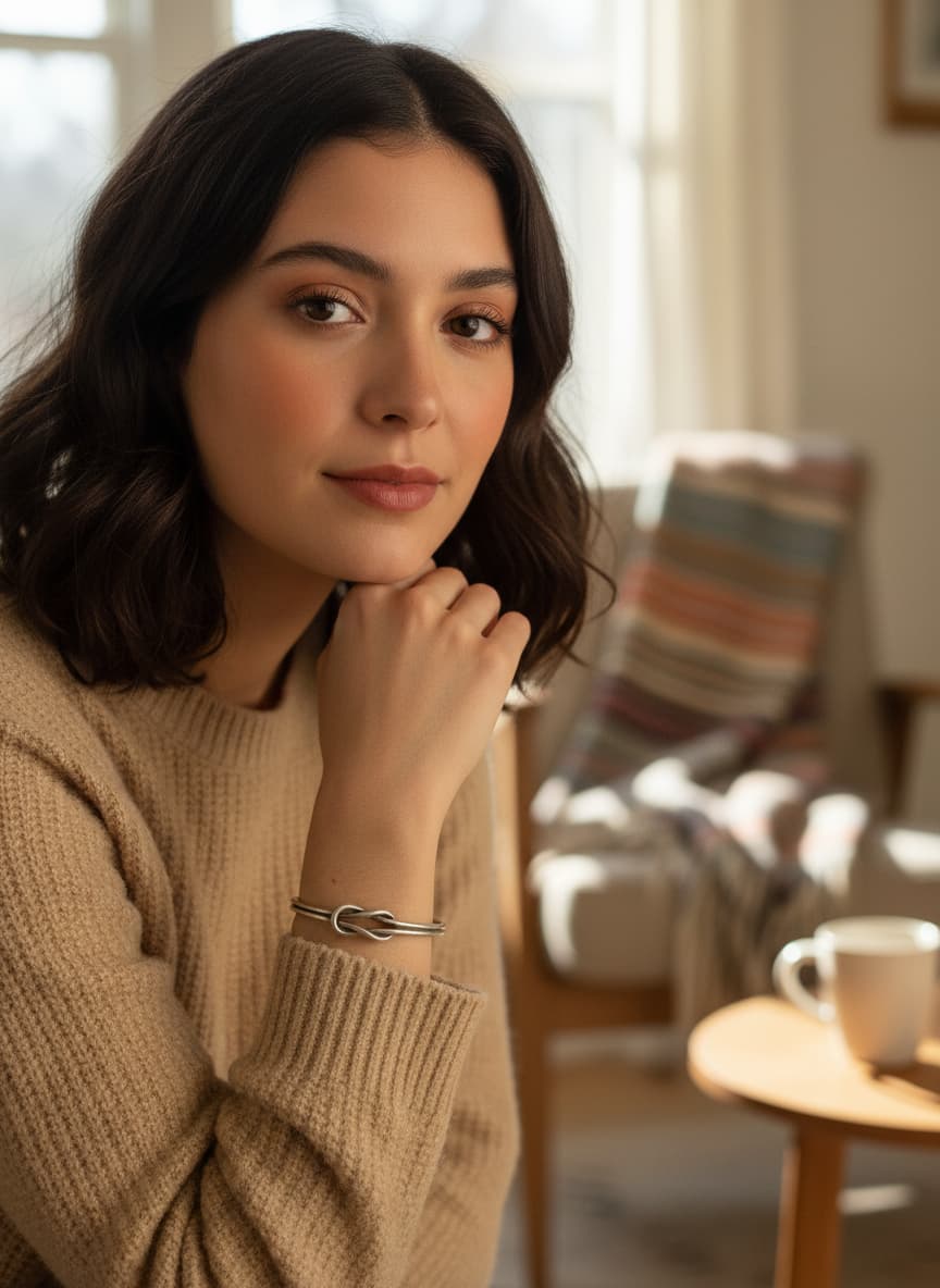 Model wearing the silver-tone knot bangle