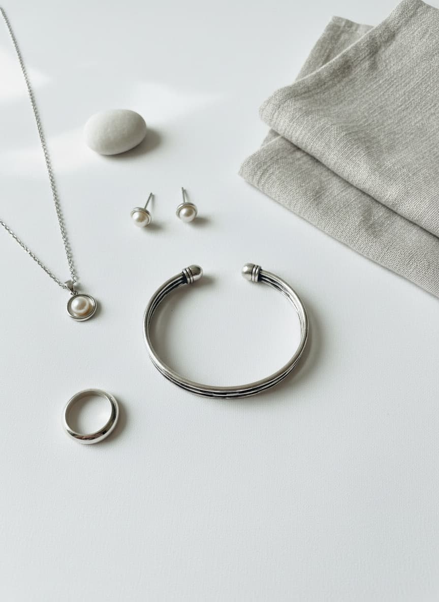 Silver-tone triple-row bangle styled in a flatlay with silver jewelry