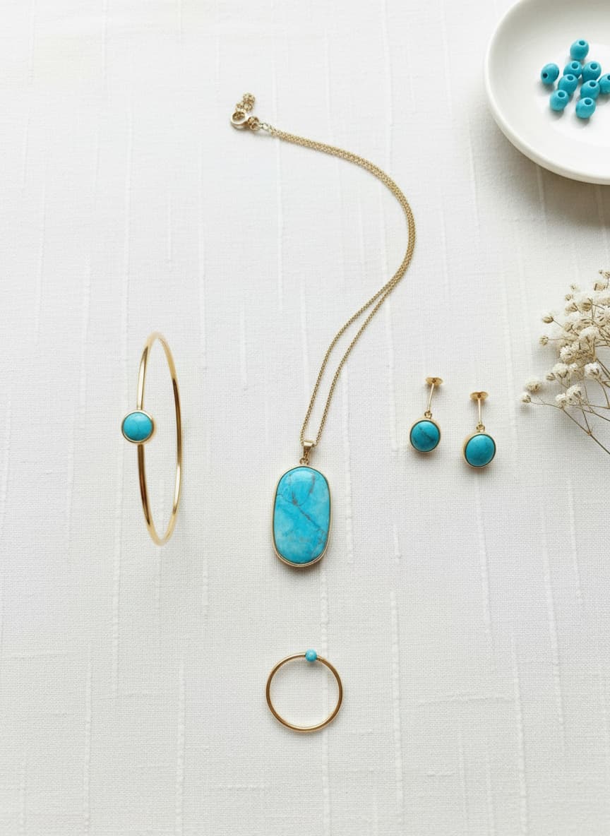 Gold-plated turquoise necklace styled in a flatlay with gold jewelry