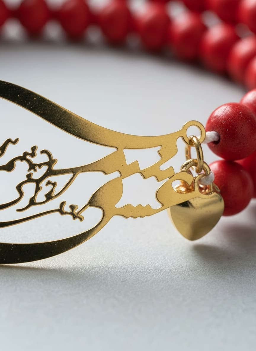 Macro close-up of the calligraphy plate and heart charm