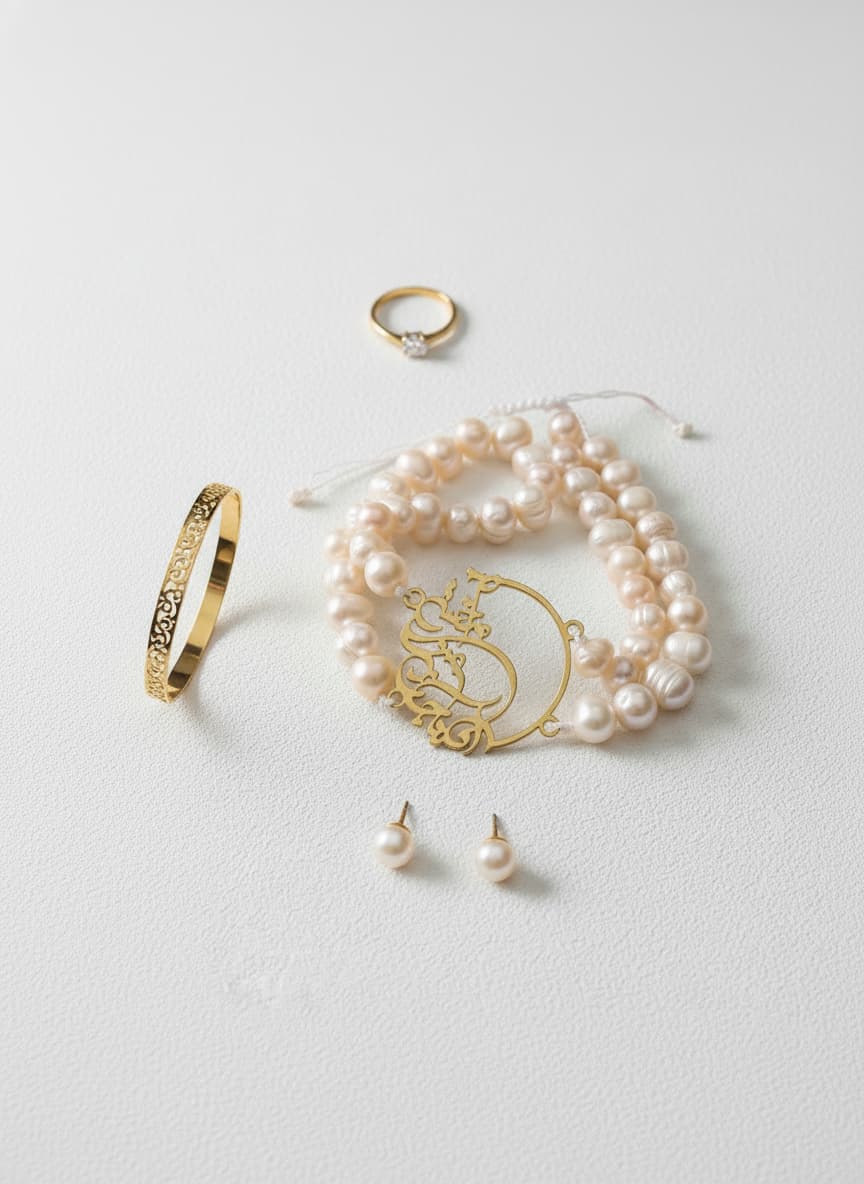 Persian calligraphy bracelet with pearls styled in a flatlay
