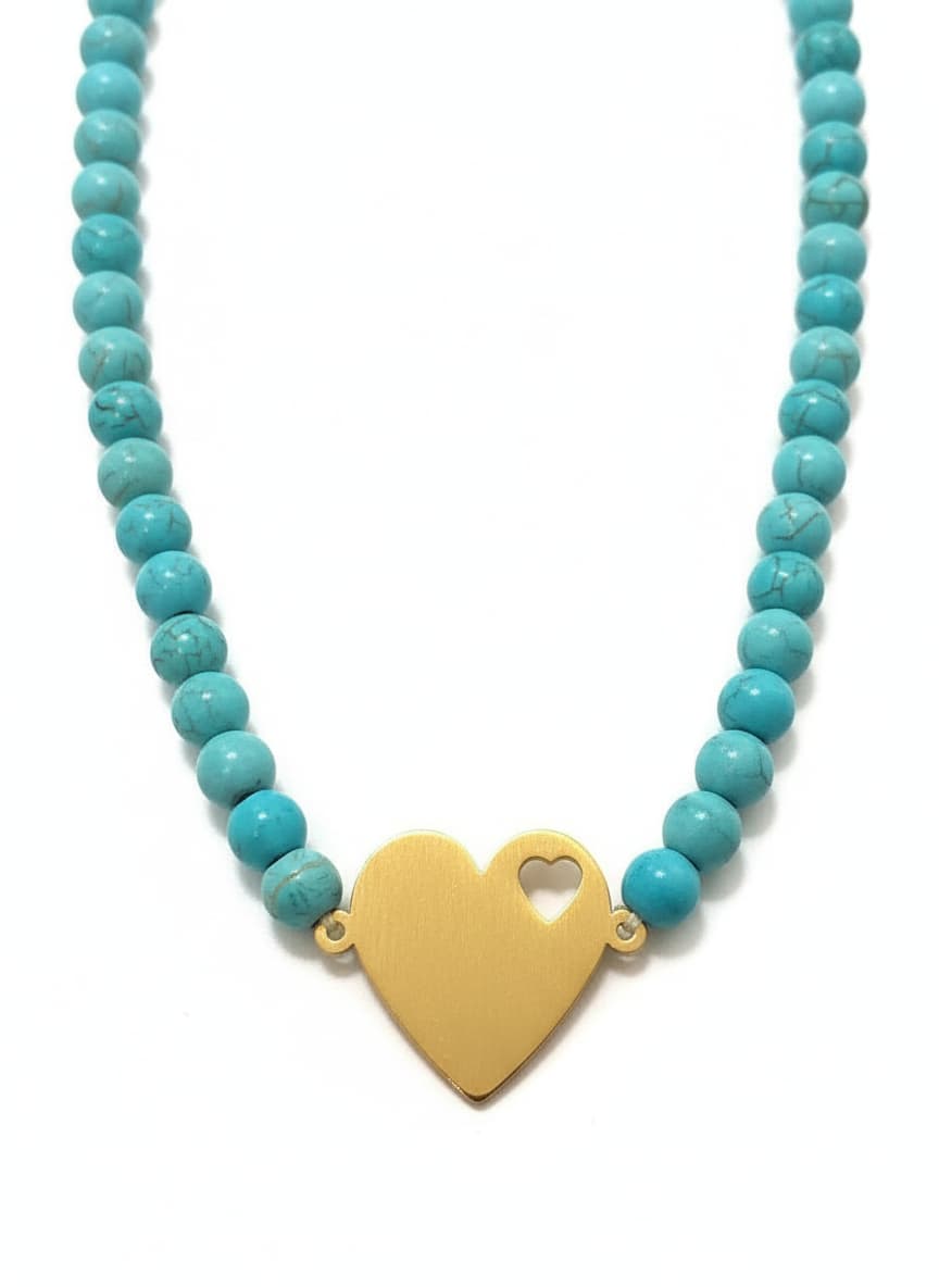 Gold-Plated Heart Necklace with Turquoise Beads