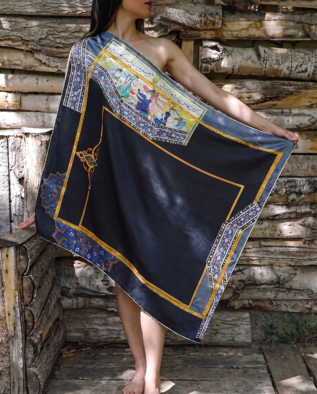 Black shawl with Persian miniature painting panel