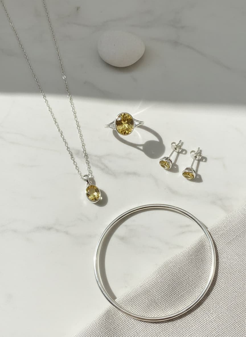 Honey-yellow oval stone ring styled in a flatlay with matching jewelry