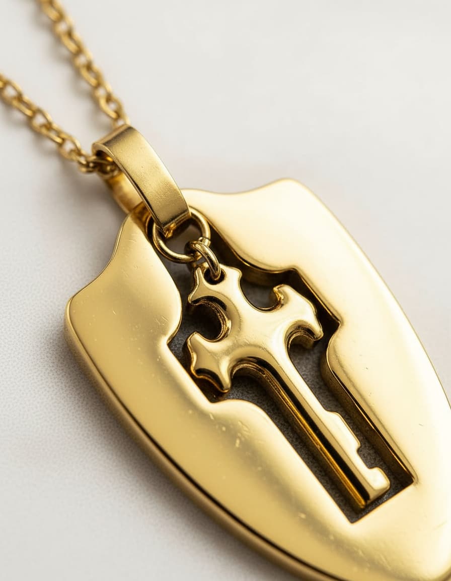 Close-up of the gold-plated shield key pendant