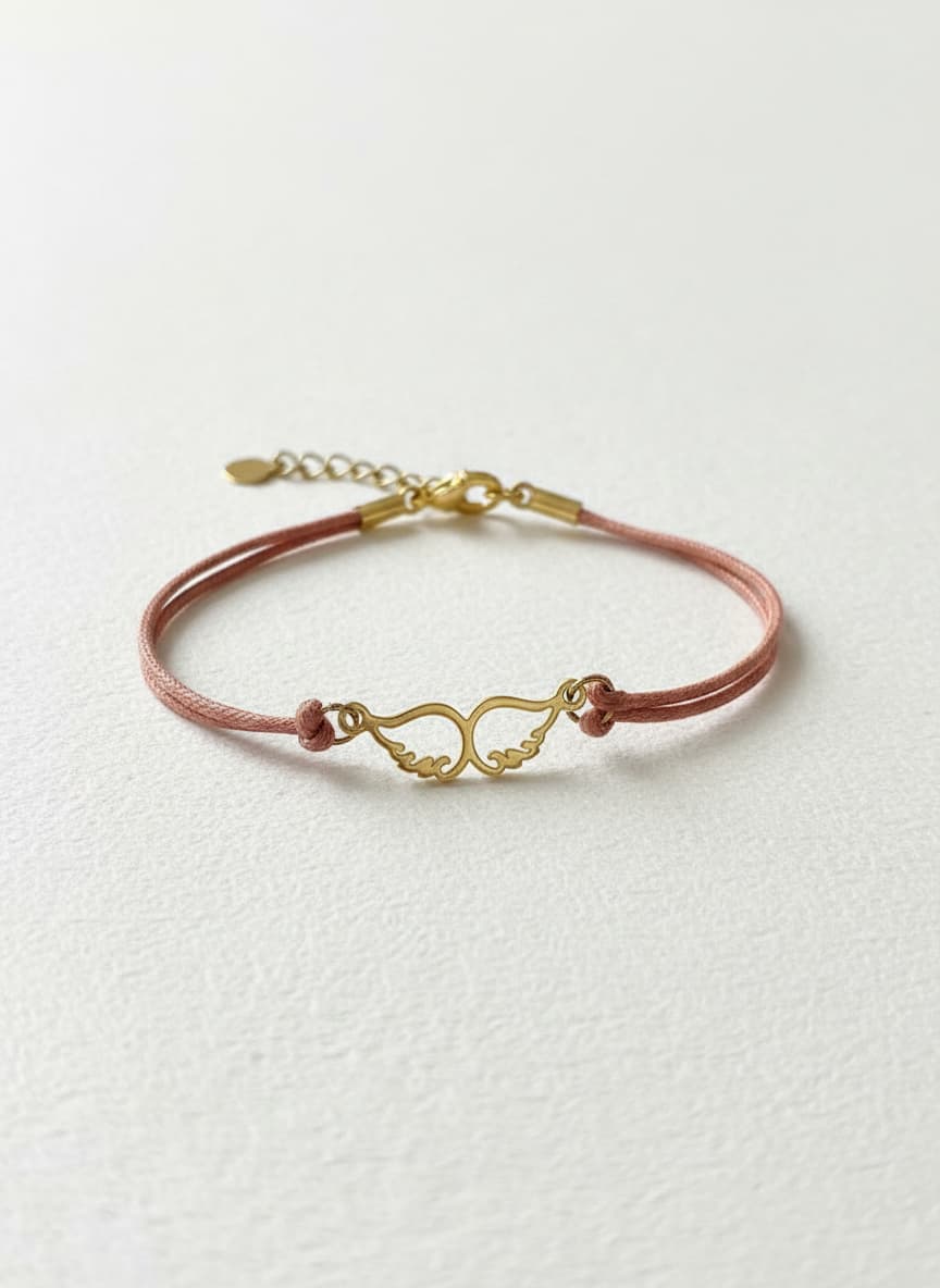 Gold angel wings bracelet on brown leather cord