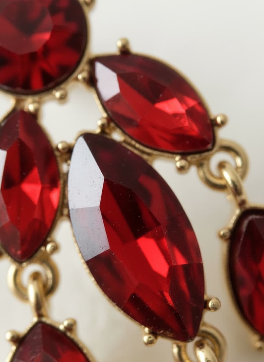 Close-up of red Czech glass leaf earrings