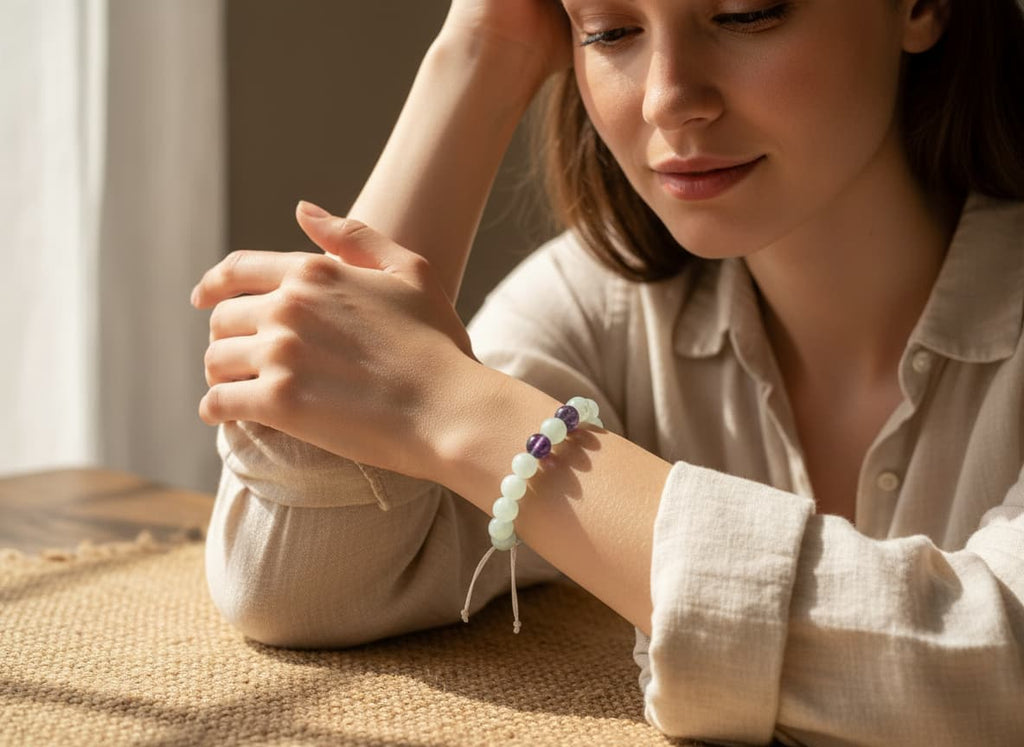 Model wearing the jade beaded bracelet