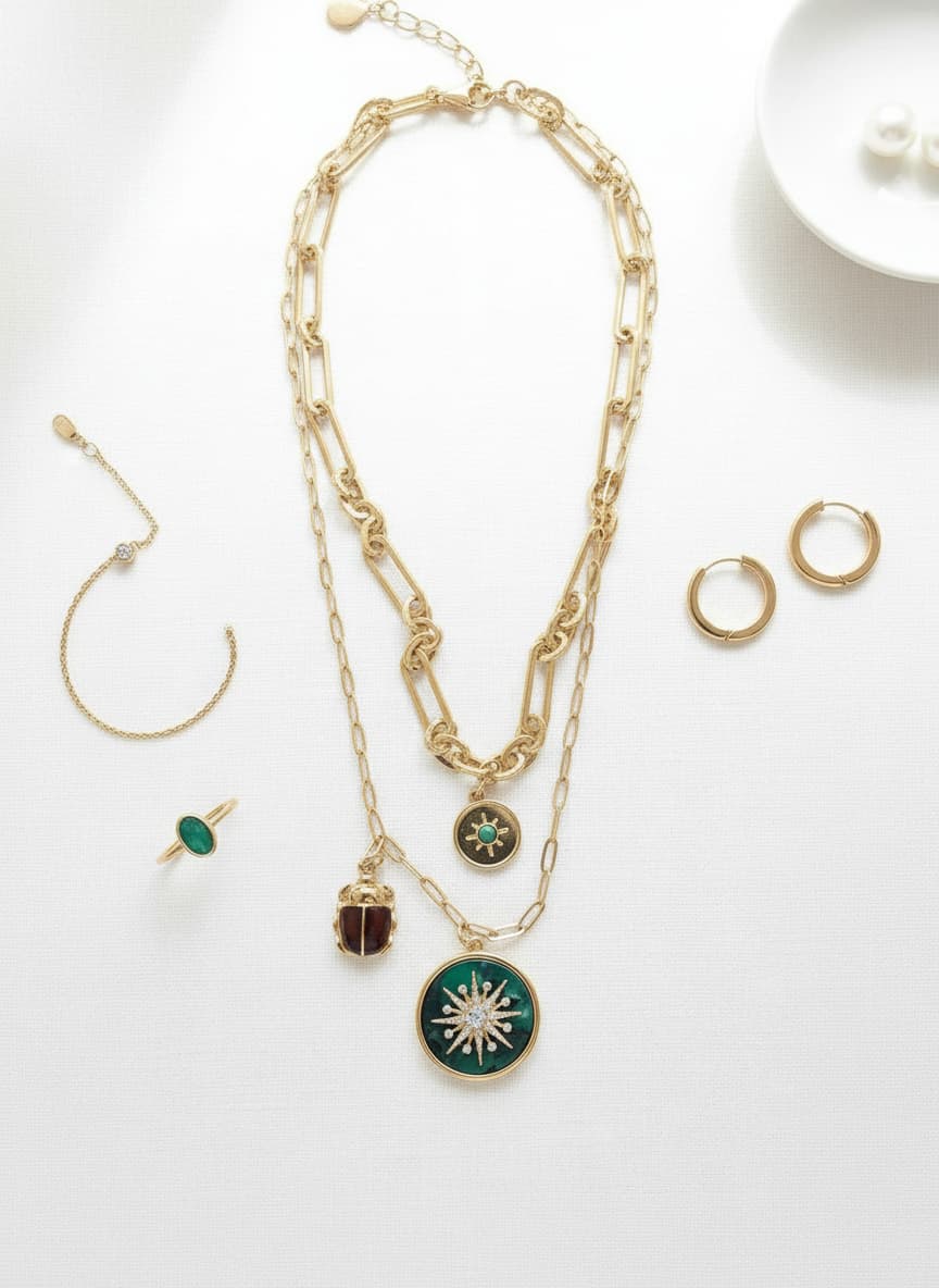 Gold-plated green sun necklace styled in a flatlay with gold jewelry