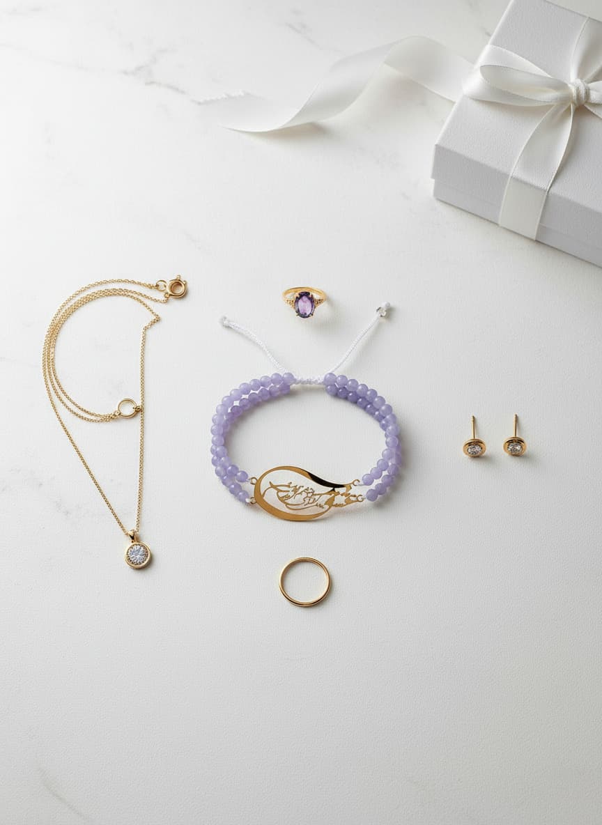 Calligraphy bracelet styled in a flatlay with gold jewelry