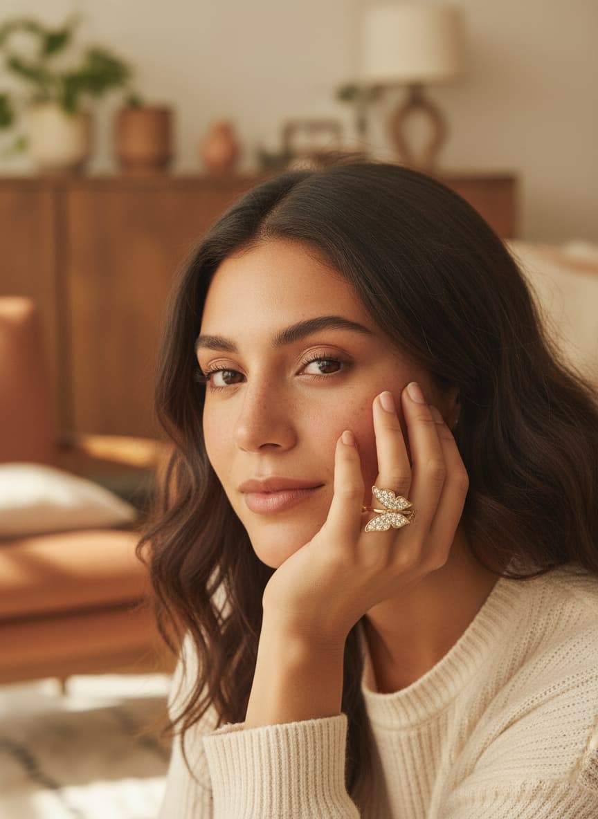 Model wearing the gold-plated butterfly ring