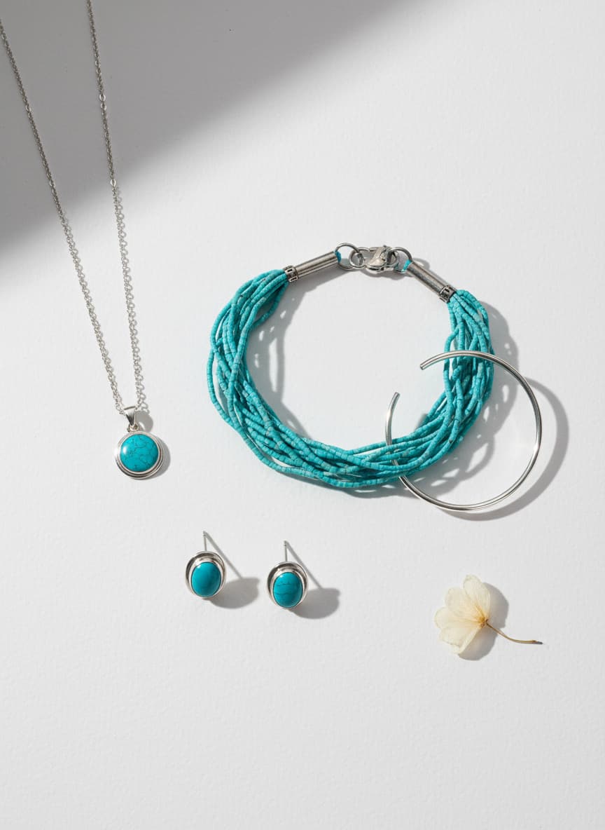 Turquoise bracelet styled in a flatlay with silver jewelry