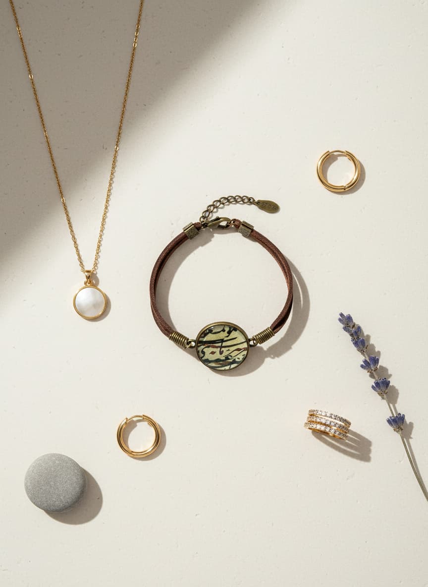 Leather bracelet styled in a flatlay with gold jewelry