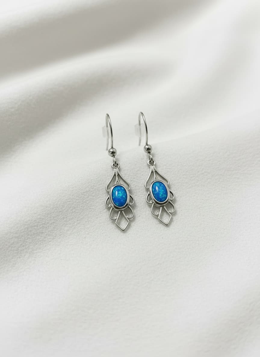 Blue Opal Silver Drop Earrings