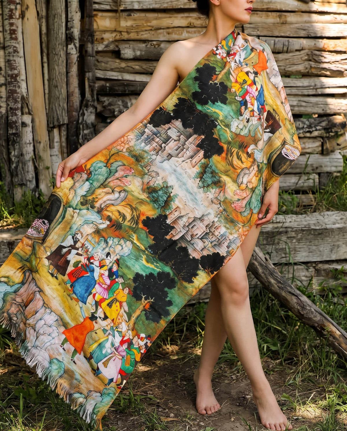Green shawl with Persian landscape miniature print