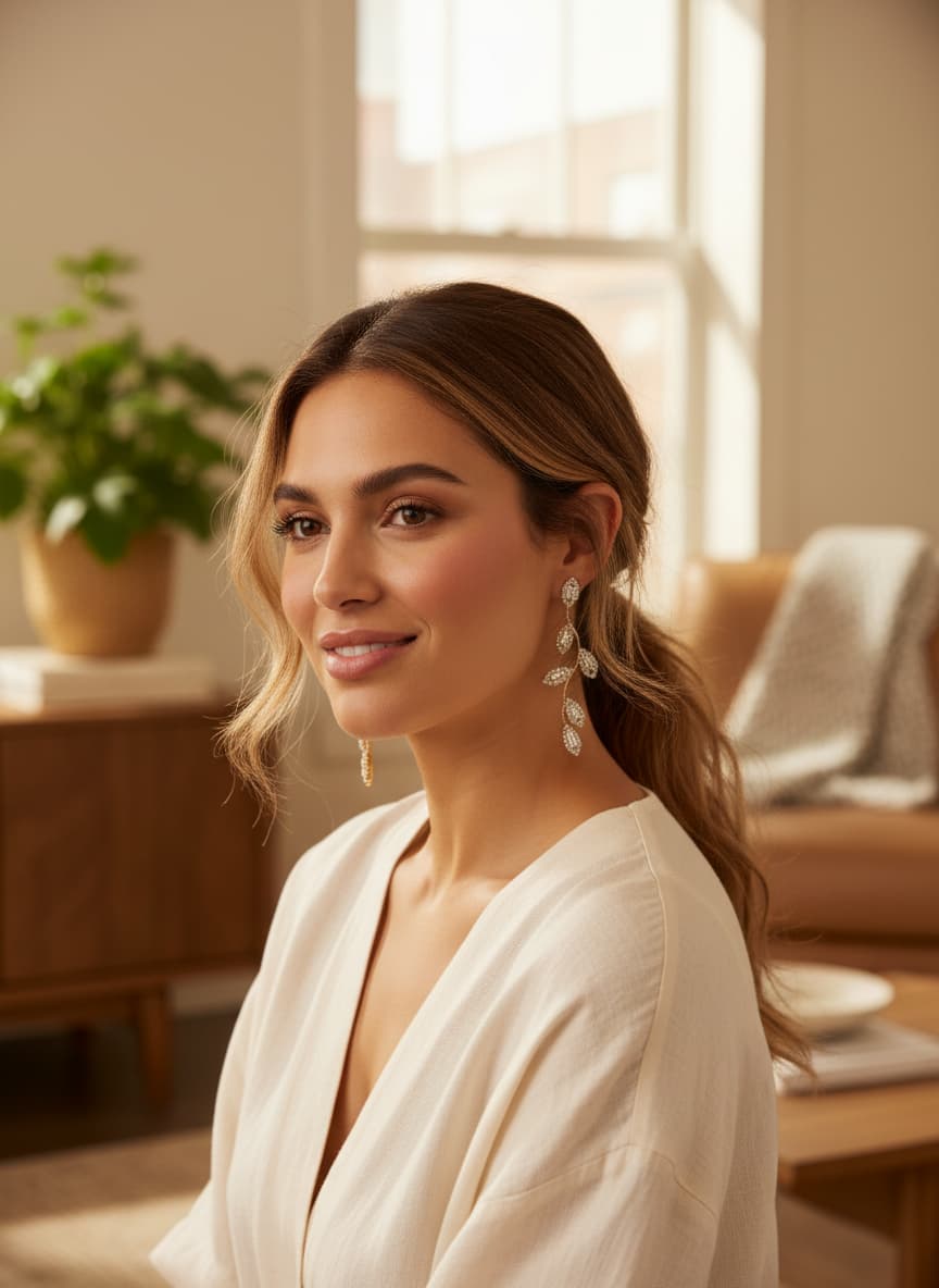 Model wearing gold leaf branch earrings