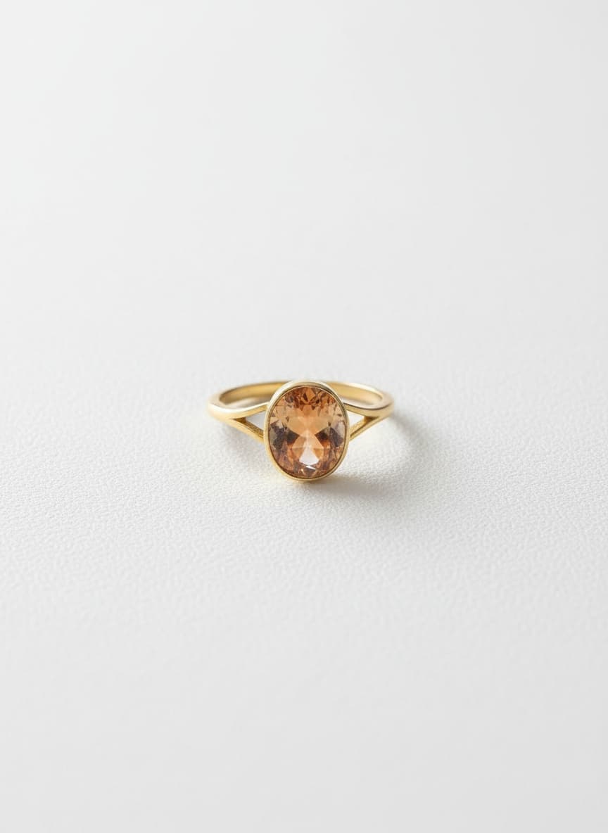 Gold champagne oval stone ring on white background