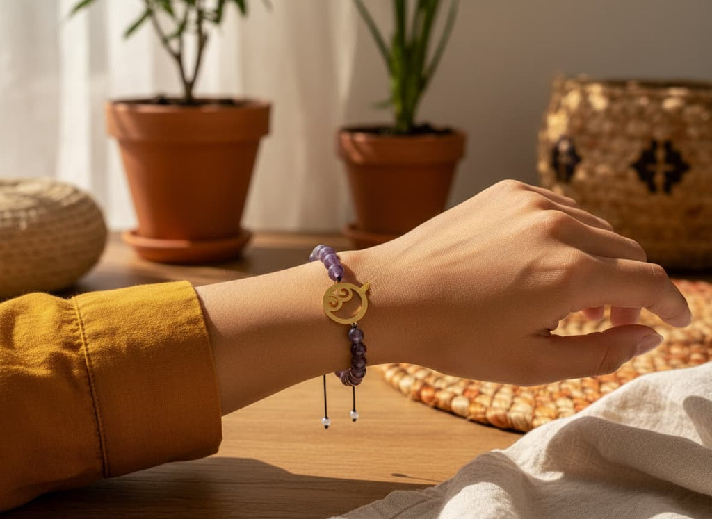 Model wearing the pomegranate amethyst bracelet
