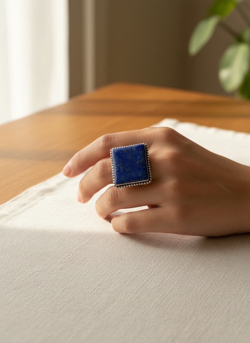 Model wearing the silver-plated lapis lazuli ring
