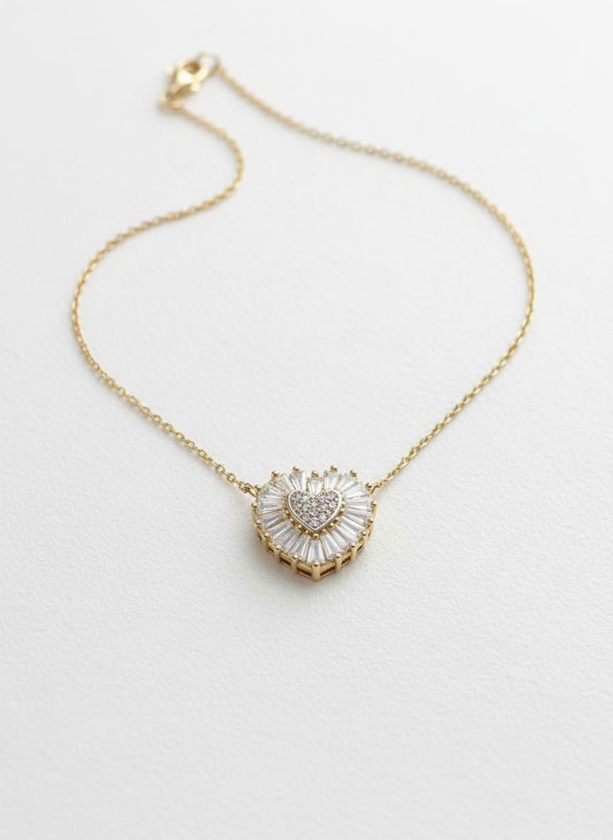 14k gold-plated heart diamond necklace on white