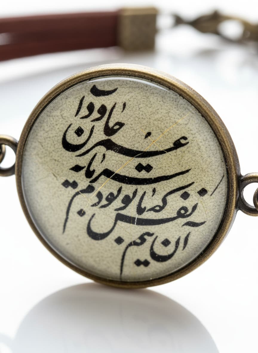 Macro close-up of the black script calligraphy medallion