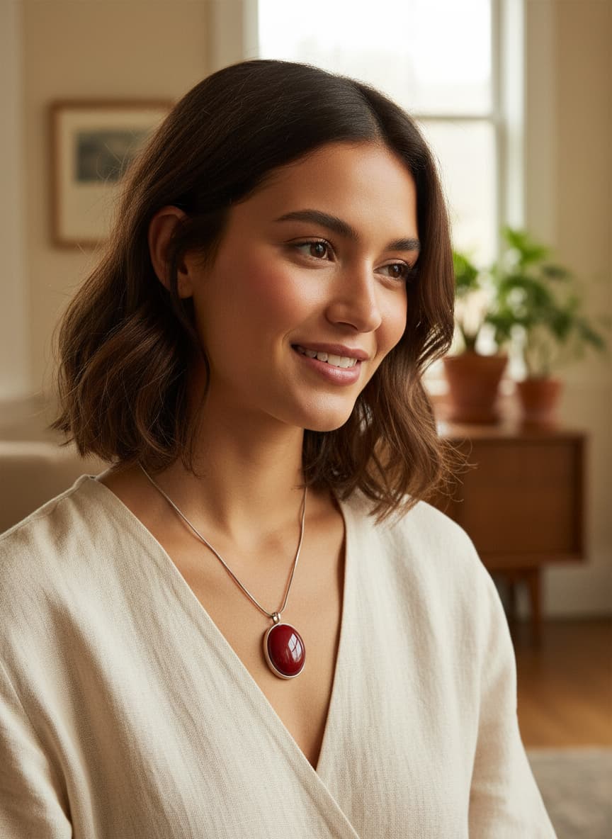 Model wearing the silver-plated agate necklace