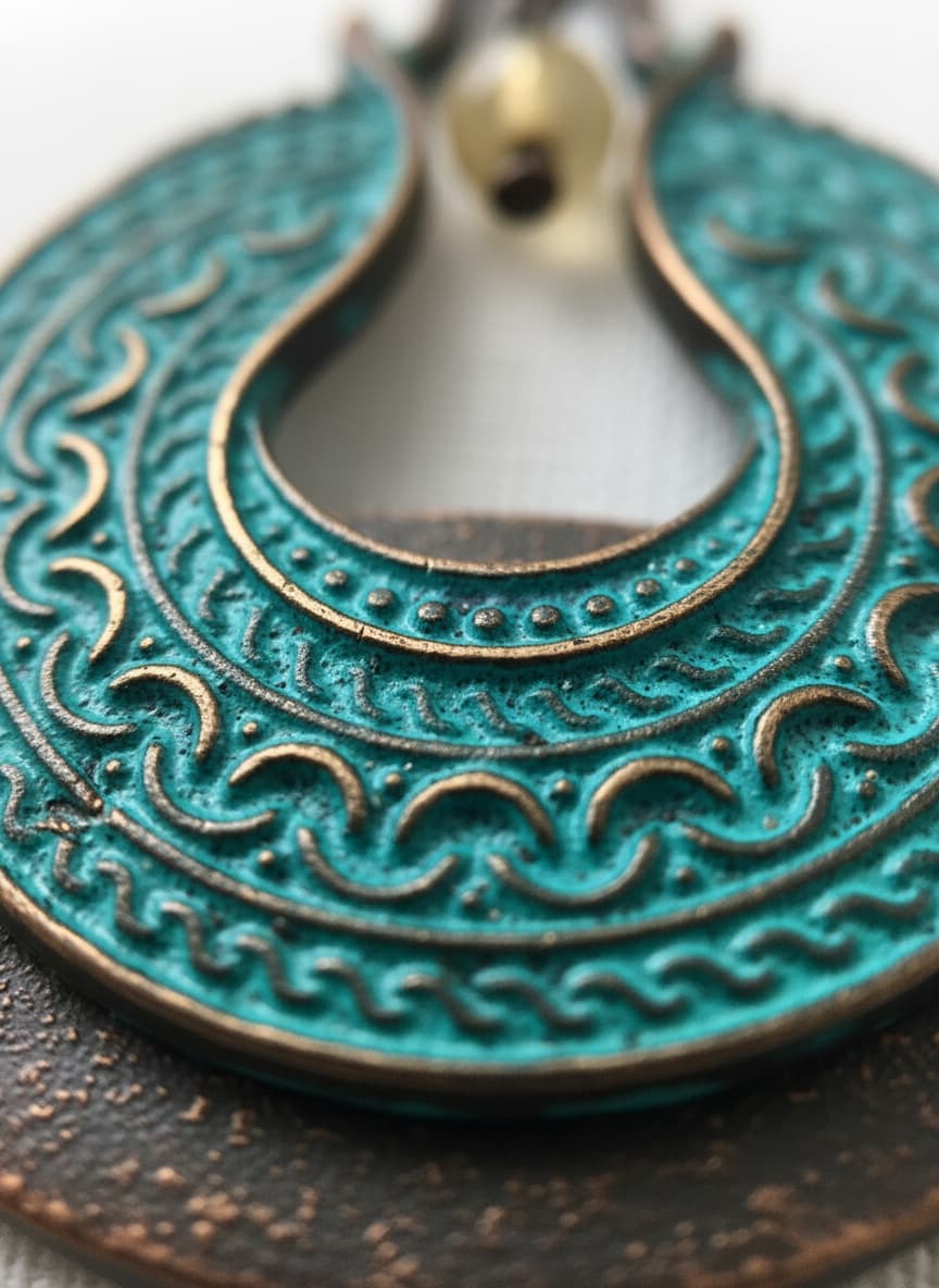 Macro close-up of the engraved pattern on the copper-plated earring