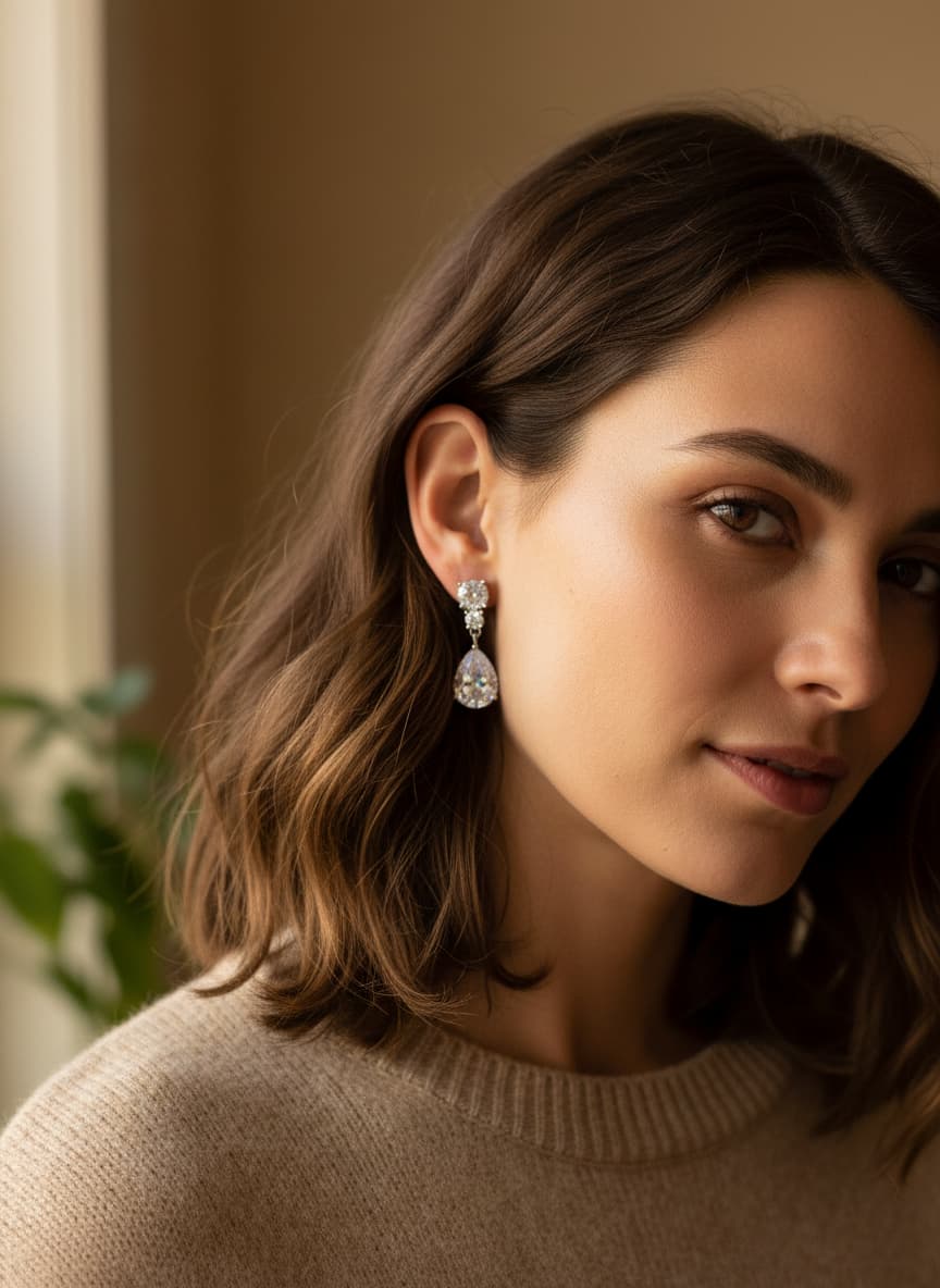 Model wearing the silver-tone pear drop crystal earrings