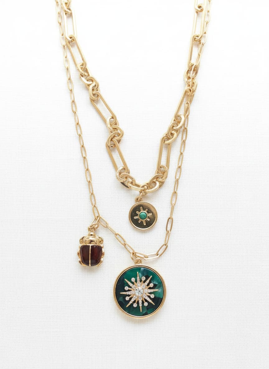 14k gold-plated green sun two-row necklace on white