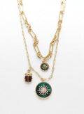 14k gold-plated green sun two-row necklace on white