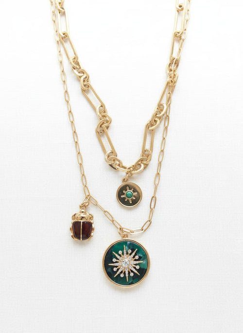 14k gold-plated green sun two-row necklace on white