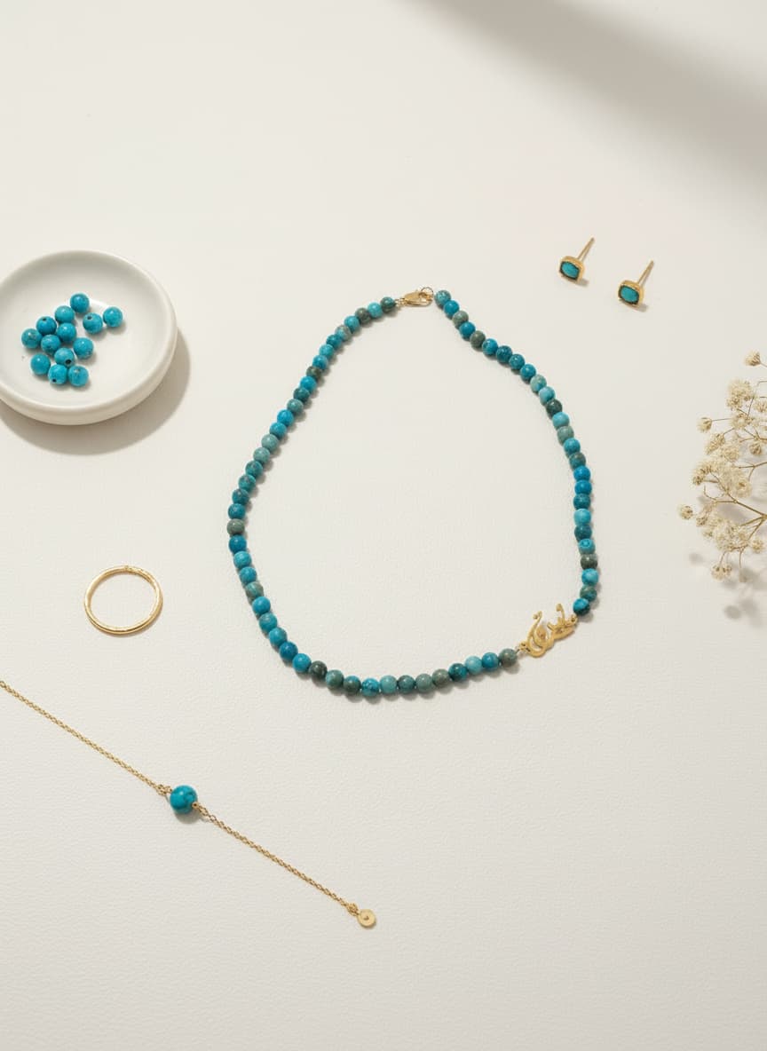 Gold-plated Eshgh calligraphy side necklace styled in a flatlay with turquoise jewelry