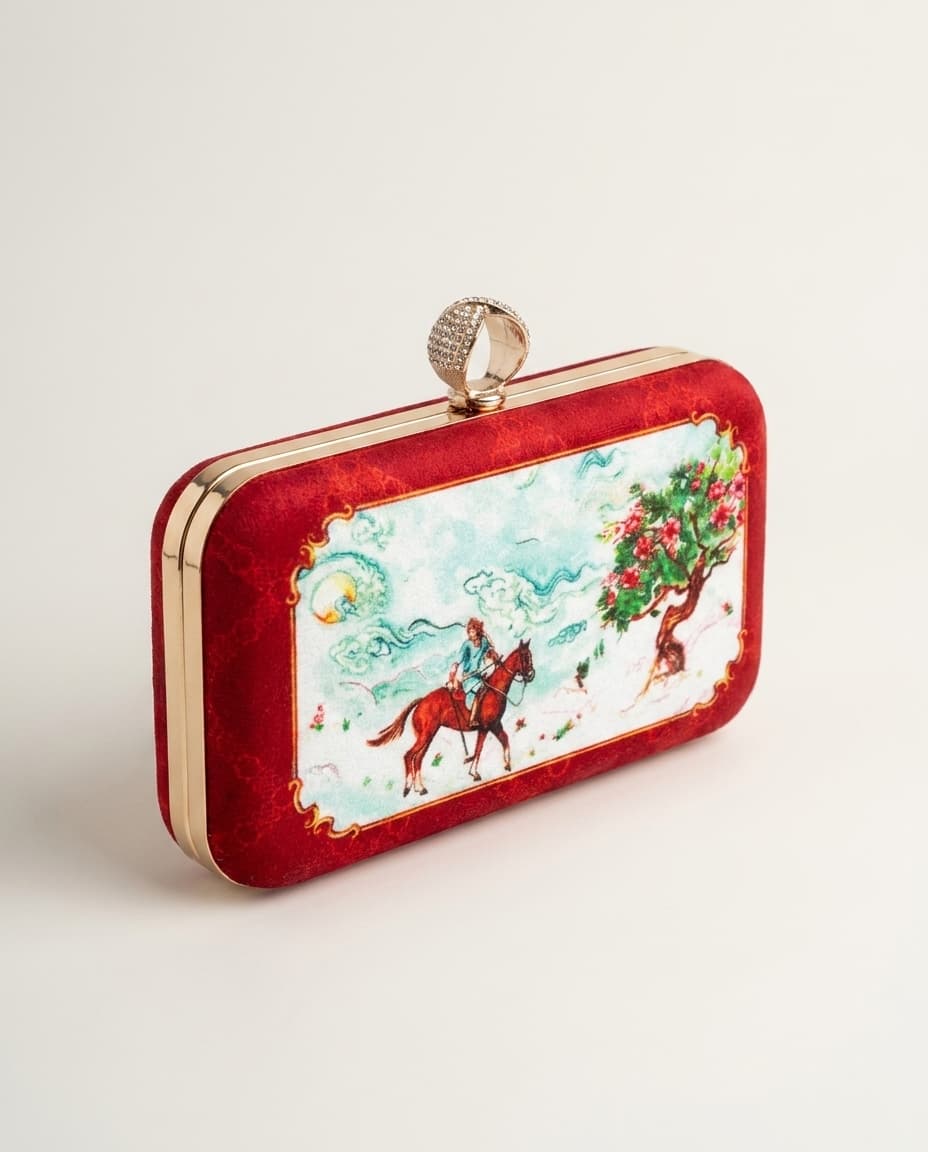 Red velvet box clutch with miniature horse-rider painting