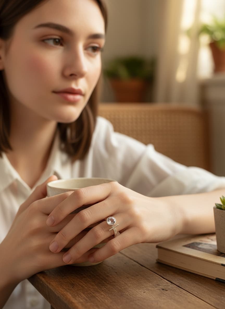 Model wearing the silver bypass ring