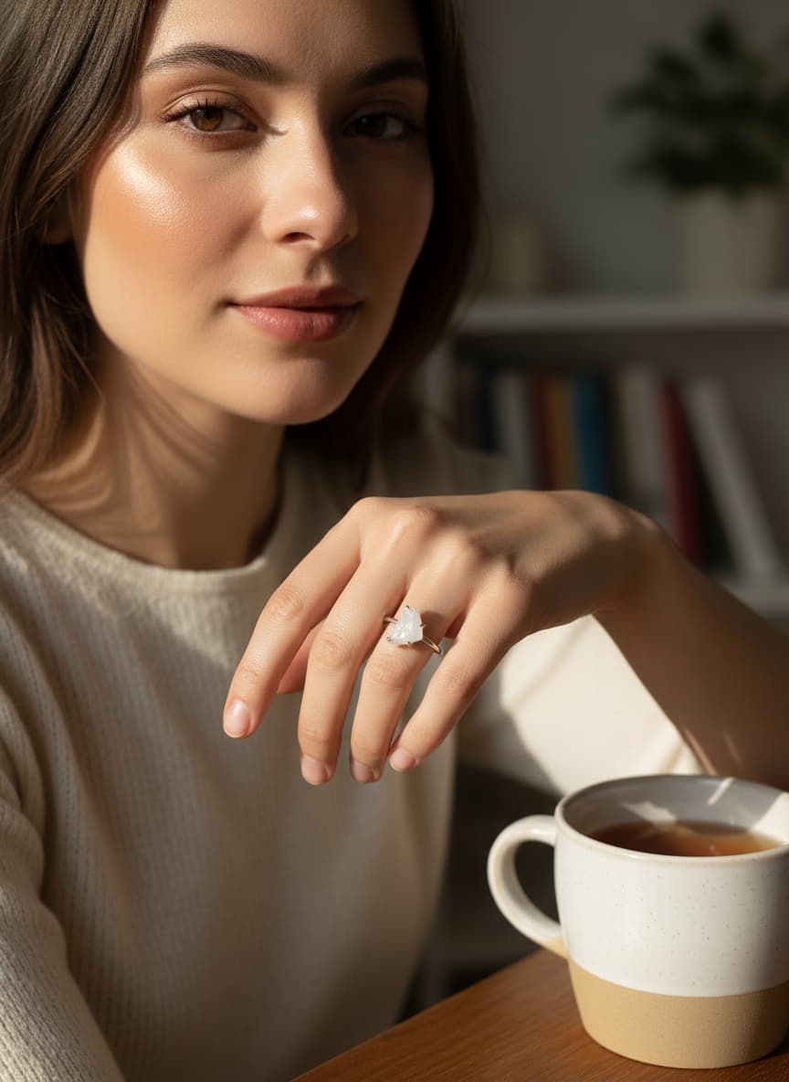 Close-up of a translucent white stone ring showing its textured surface, silver-tone prongs and slim band.