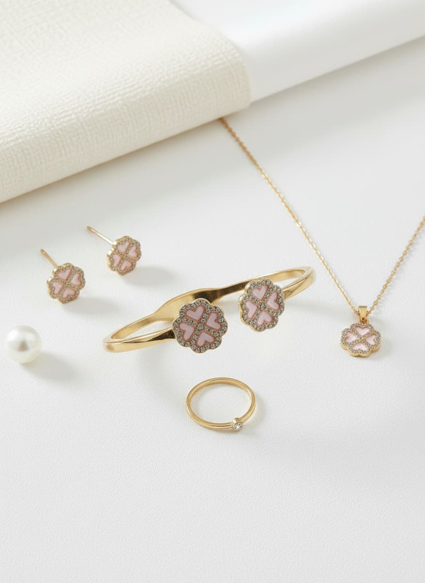 Gold-plated floral bangle styled in a flatlay with gold jewelry