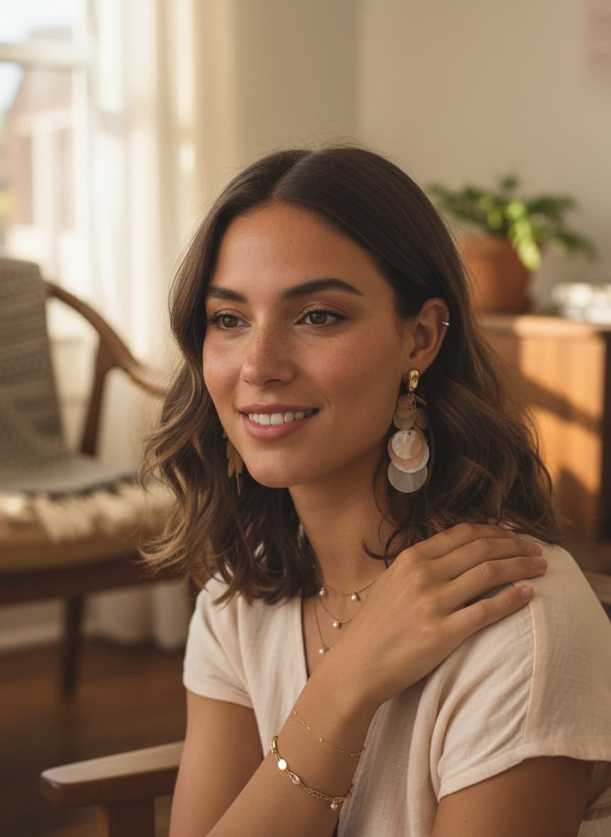 Model wearing peach shell disc earrings