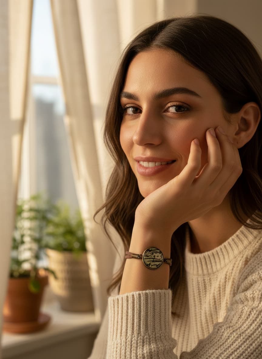 Model wearing the leather calligraphy bracelet