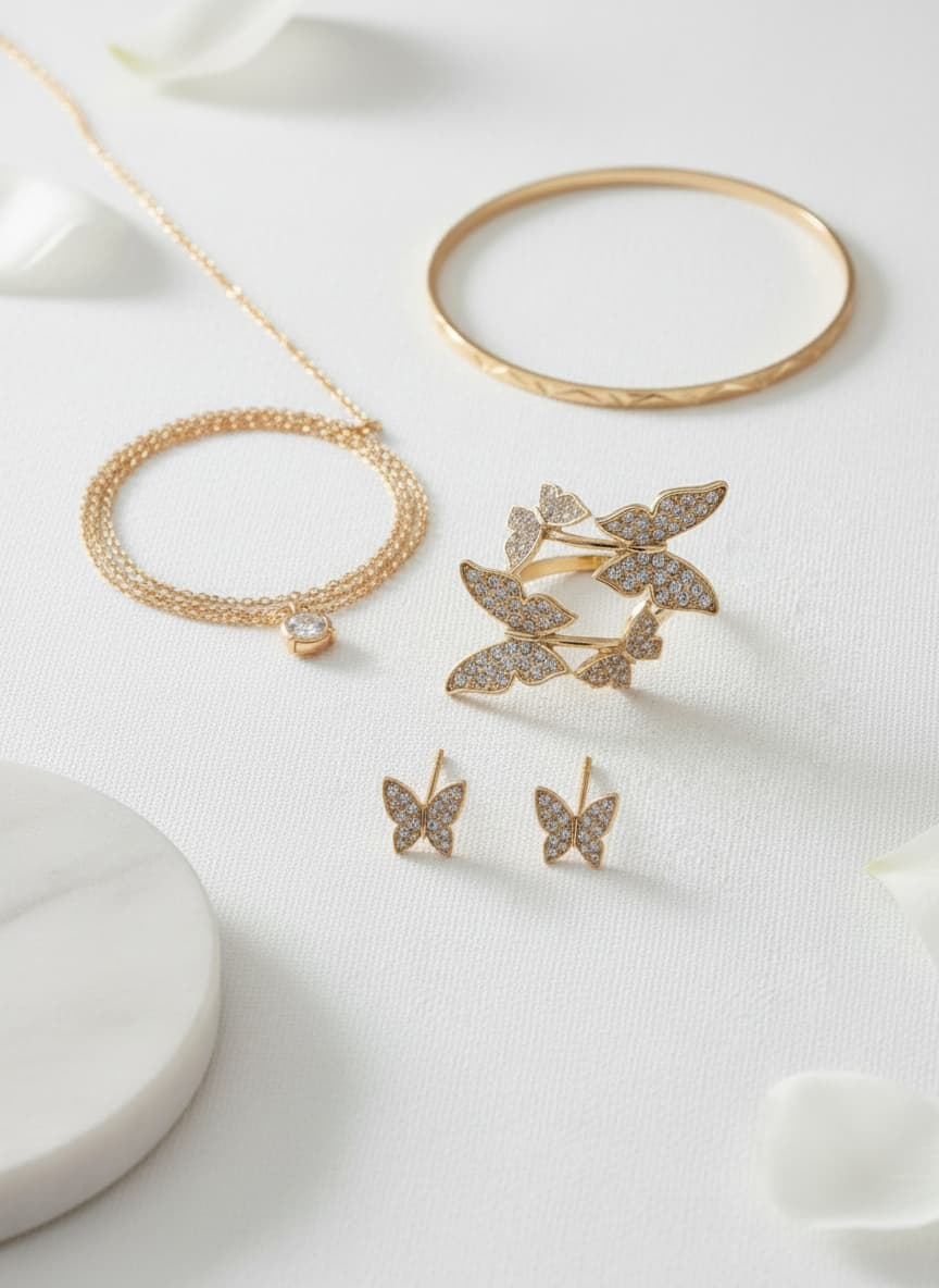 Gold-plated butterfly ring styled in a flatlay with gold jewelry