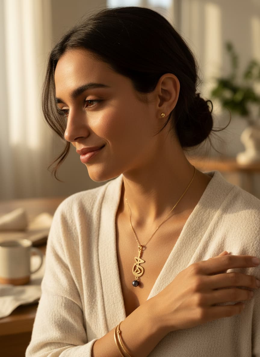 Model wearing the Khoda calligraphy necklace