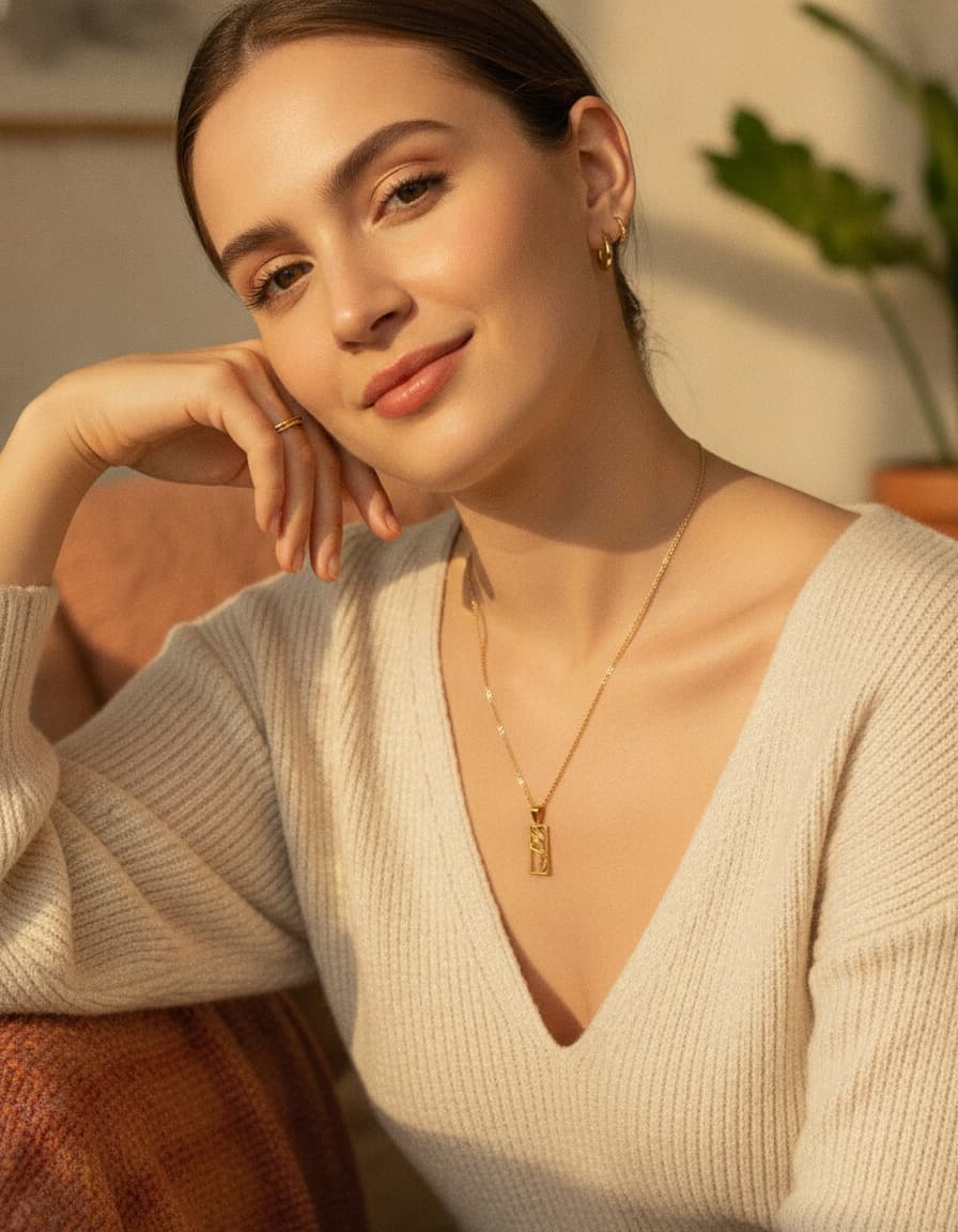 Model wearing the eshgh rectangle necklace