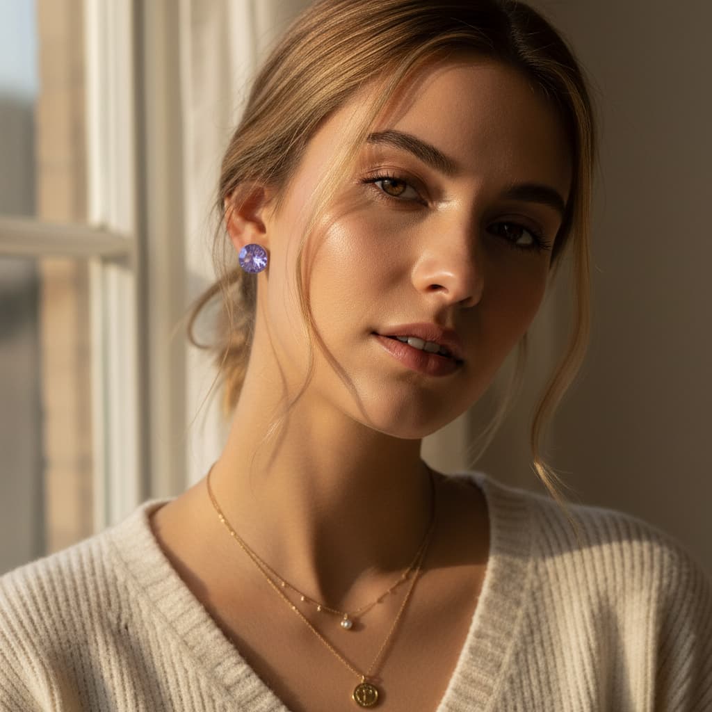 Model wearing the lavender crystal stud earrings